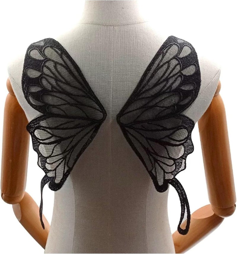 SuiGlory 1 Pair Butterfly Lace Applique, Embroidered Trim Applique Patches Decor Bridal Wedding Dress Decoration (Black) - Image 1